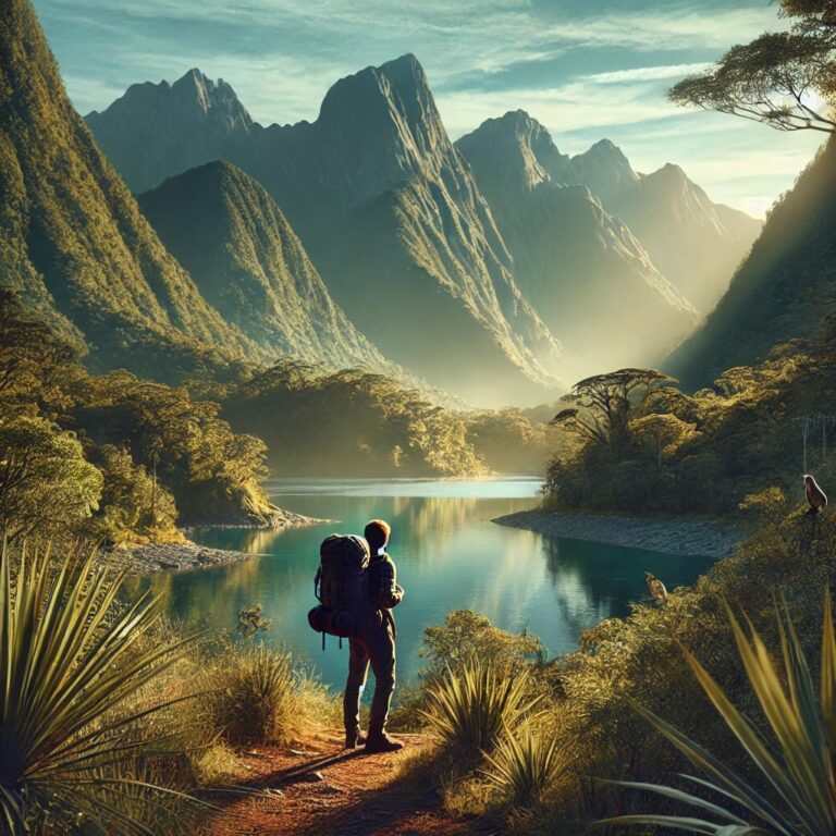 Traveler exploring a remote destination in 2024, surrounded by majestic mountains, crystal-clear lakes, and untouched nature, symbolizing adventure in lesser-known countries